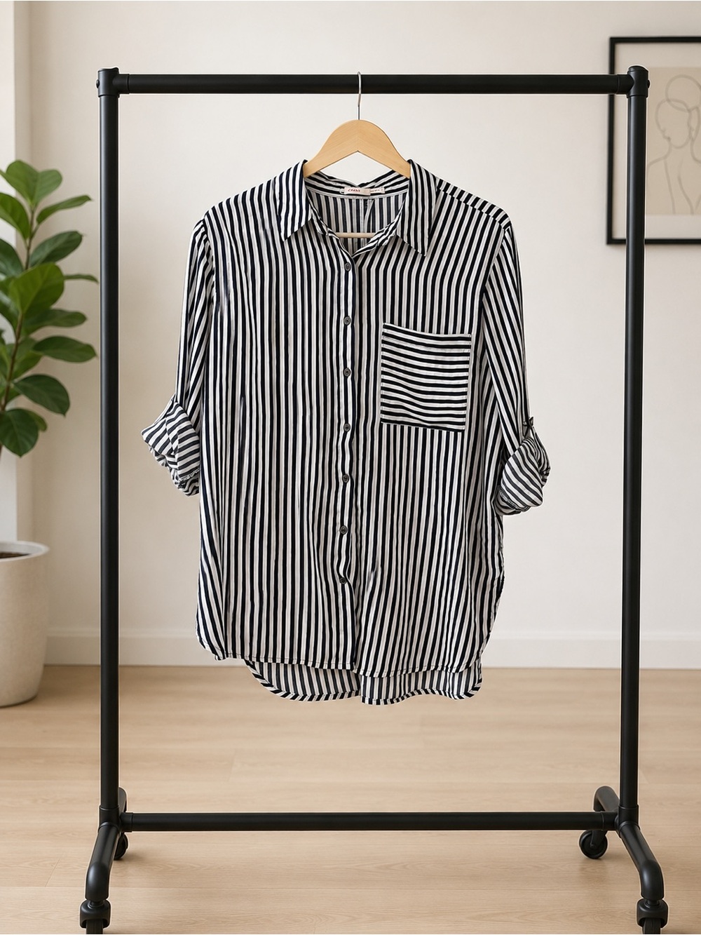 Grand & Greene L Navy White Striped Button Down High Low Roll Tab Blouse